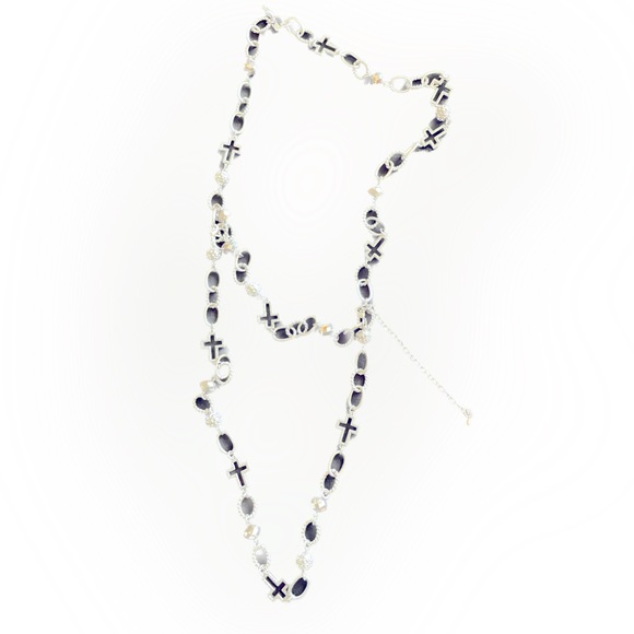 SOLD NOW Women’s silvery long adjustable necklace w/crosses, links, and shiny - Picture 2 of 6
